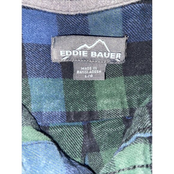 Eddie Bauer Button Up Shirt Mens Large Long Sleeve Plaid Flannel Blue Green - Picture 4 of 11
